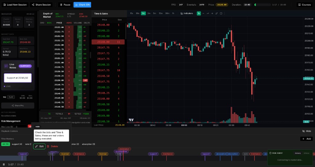 Replay interface with order book and price chart
